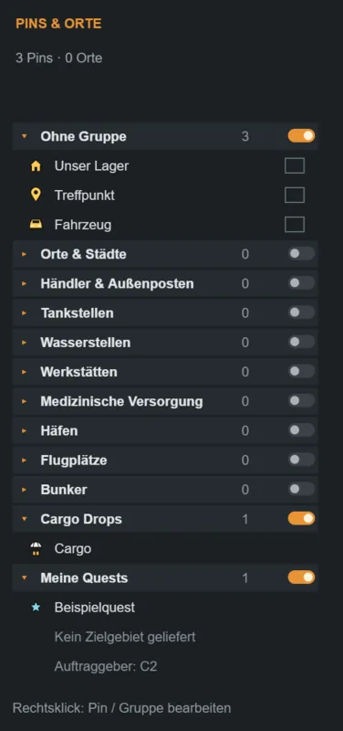 Kartenliste mit Beispielpins und einer Beispielquest